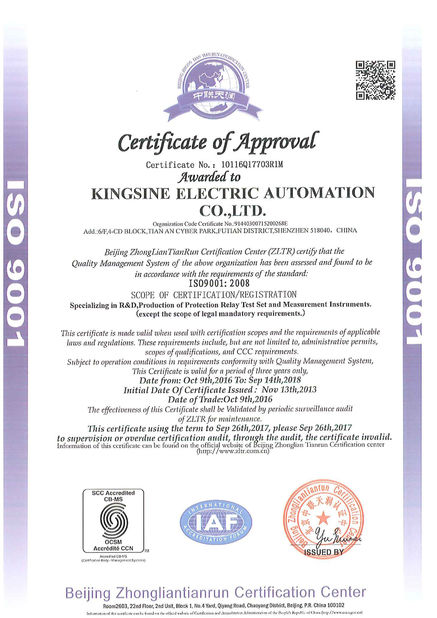 China Kingsine Electric Automation Co., Ltd. Zertifizierungen